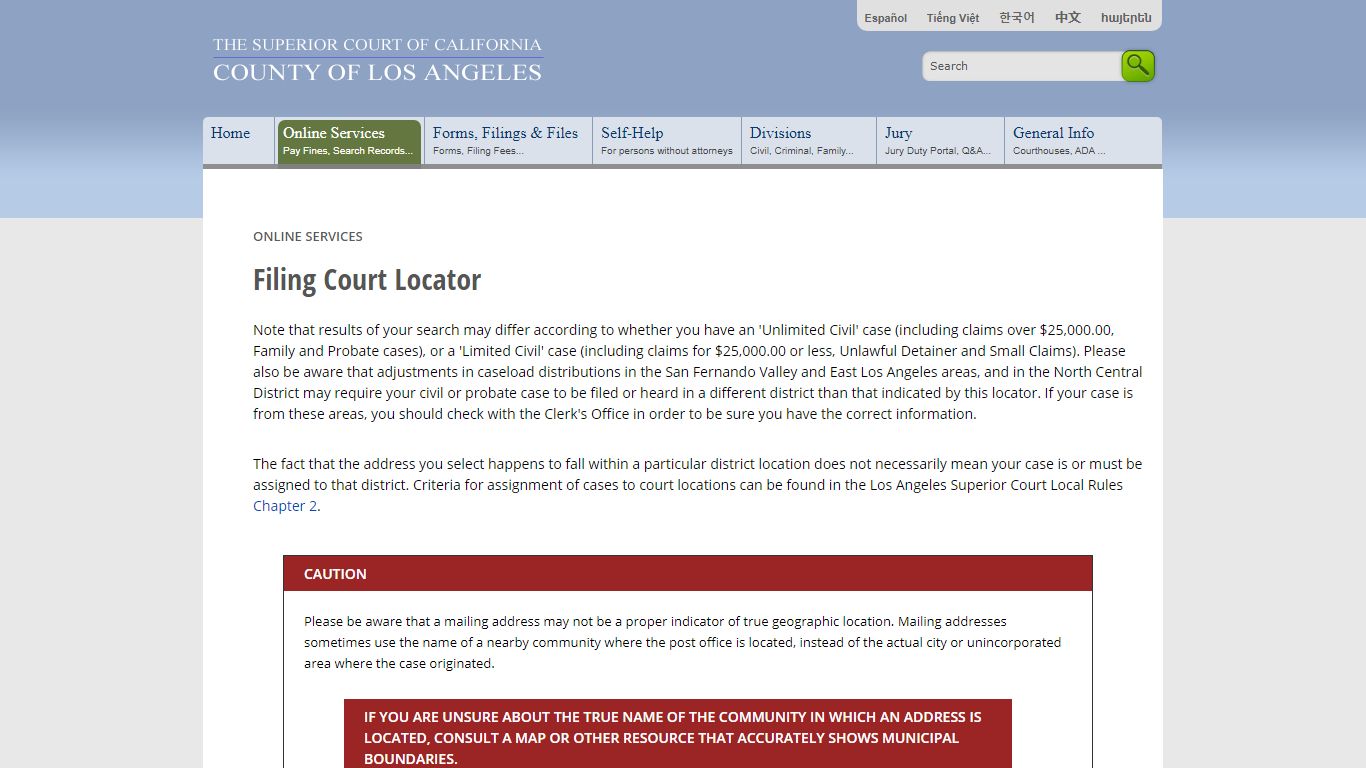 Filing Court Locator - Online Services - LA Court